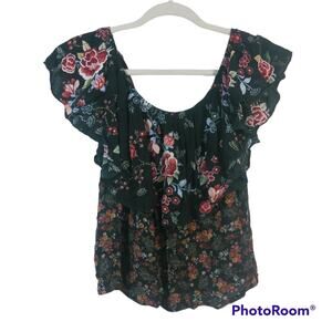Gypsies & Moondust Black Floral Ruffle Off Shoulder Top Size M